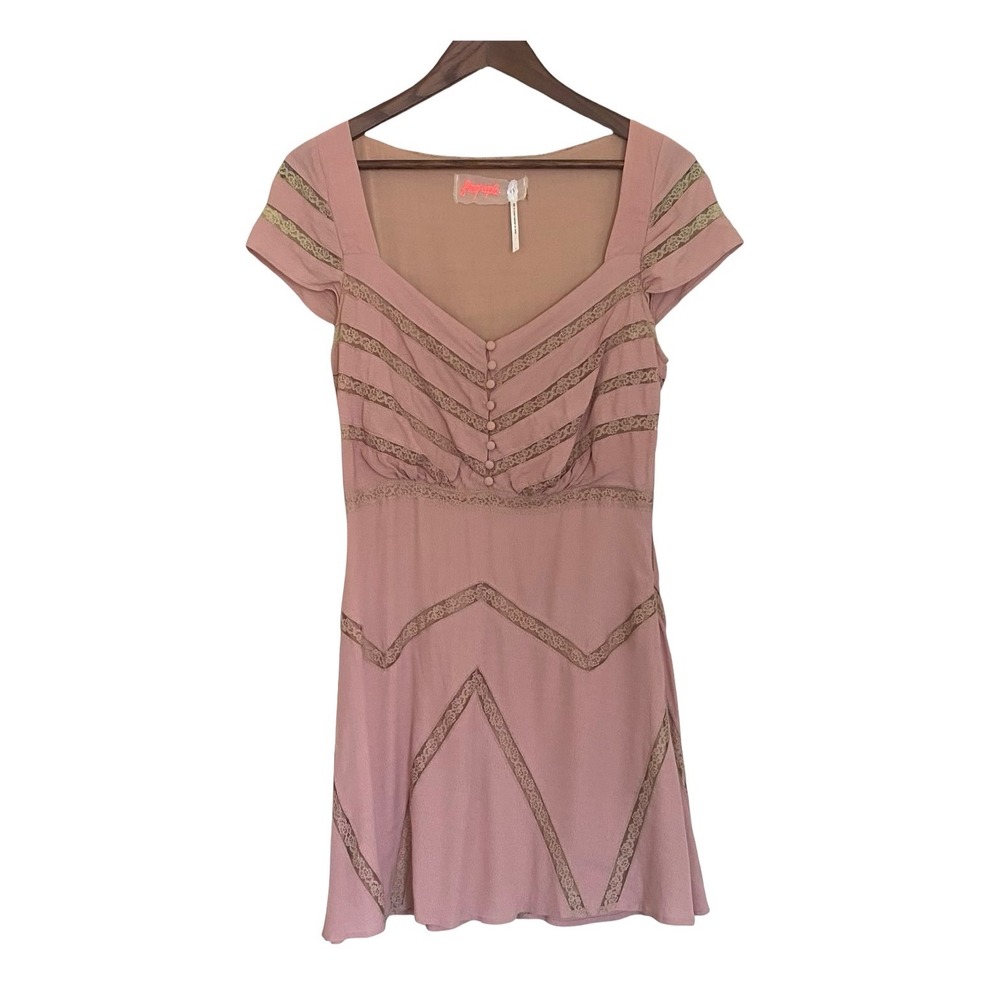 Free People‎ Rose Pink Lace Trim Mini Dress Size 4 Cap Sleeve